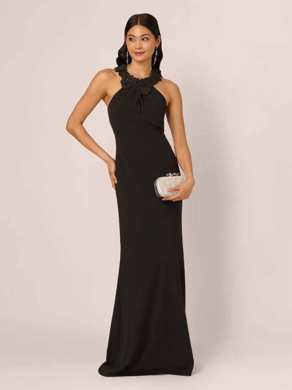 Adrianna Papell Floral Embellished Crossover Halter Gown Size 14P